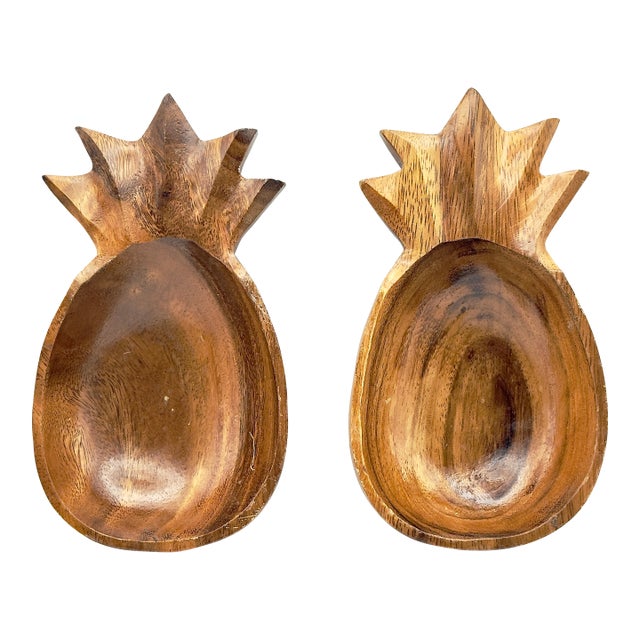 Set of 2 Vintage Hand Carved Pineapple Wood Bowls For Sale