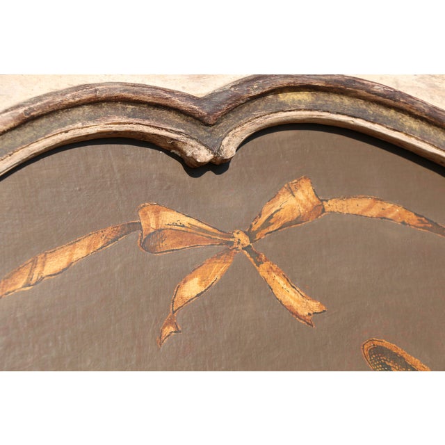 Wood French 1950s Painted Trumeau Wall Mirror With Floral & Instrument Motif | Carved Wood Frame For Sale - Image 7 of 18