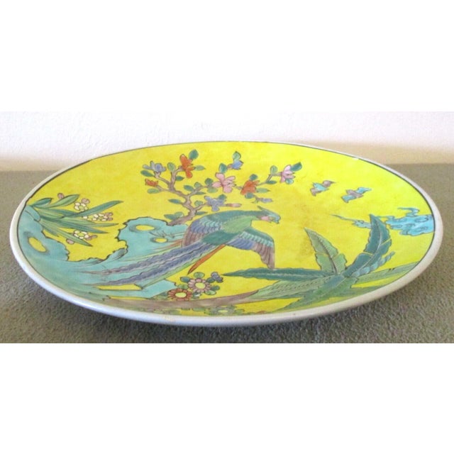 Antique Yellow Hand Painted Japanese Porcelain Dogwood Bird of Paradise Plate For Sale - Image 4 of 7