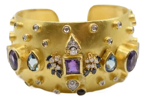 Late 20th Century Chunky Bedazzled Cuff With Amethyst, Topaz, Diamonds, Sapphires, and Garnet