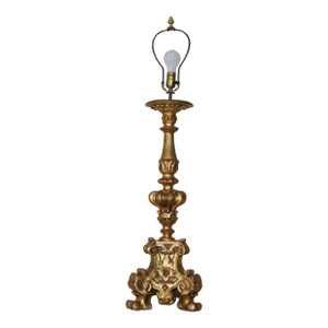 Late 19th Century Baroque Italian Florentine Giltwood Pricket Alter Candlestick Table Lamp