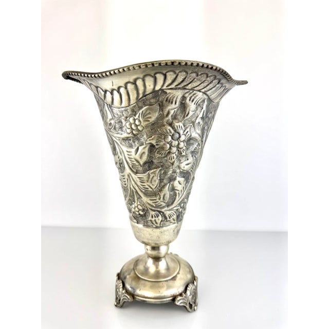 1980s Vintage European Silverplate Repoussé Floral Vase on Ornate Base For Sale - Image 5 of 10