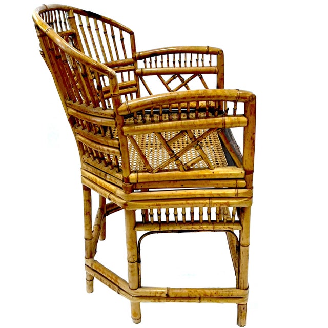 1970s 1970's Brighton Pavillion Chinoiserie Tiger Bamboo Rattan Cane Armchair by Thomasville For Sale - Image 5 of 10