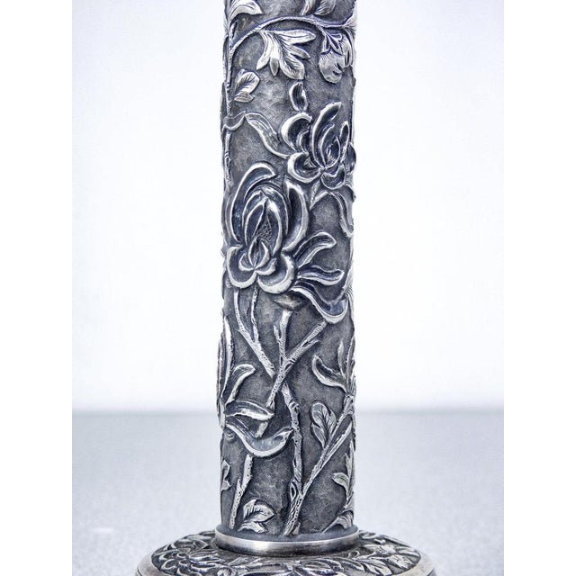 Antique Chinese Embossed Silver Candlestick, 1800s For Sale - Image 6 of 18