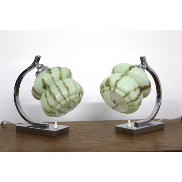 Metal Chrome-Plated Brass and Marbled Opal Glass Table Lamps, 1930s, Set of 2 For Sale - Image 7 of 15