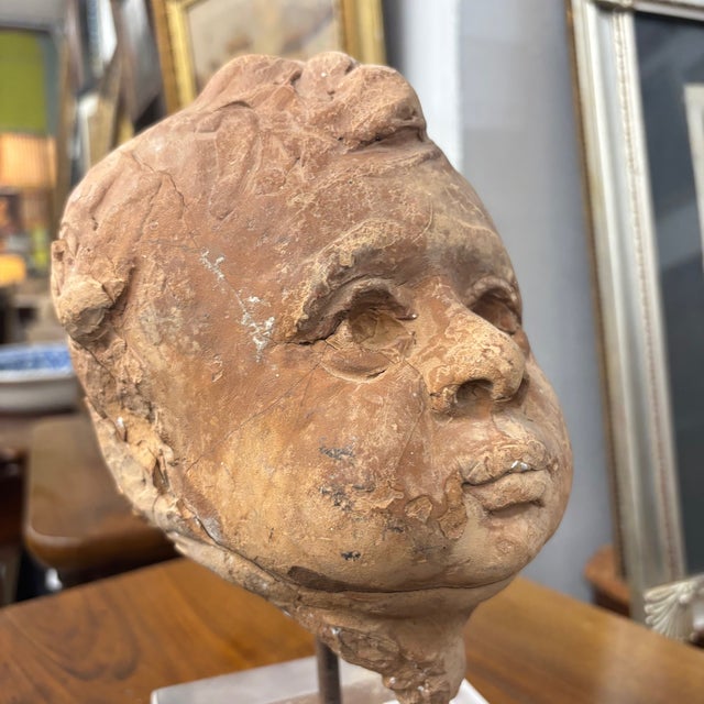 Tan 19th Century Terracotta Putto Angel Head Sculpture on Acrylic Base For Sale - Image 8 of 10