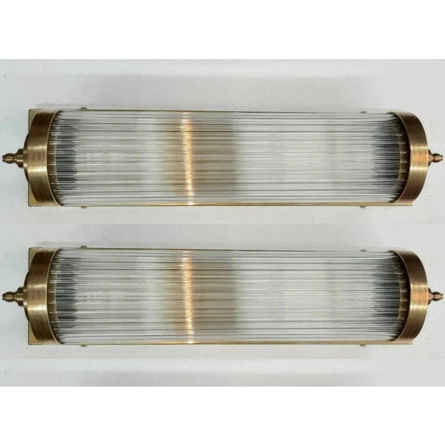 Art Deco Pair Vintage 1940s Art Deco Brass & Glass Rod Fixture Ship Light Wall Sconces For Sale - Image 3 of 6