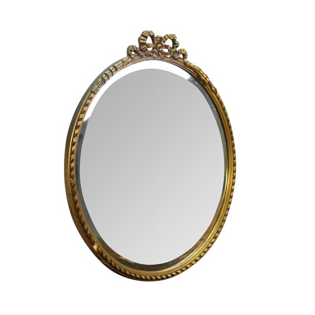 Hollywood Regency Neoclassical Ribbon Rope & Tassel Round Beveled Gold Bath Vanity Mirror 32" For Sale - Image 3 of 11