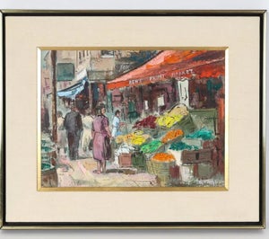 George Schwacha Jr, Modernist Oil Painting George Schwacha Brooklyn Street Scene Fruit Market WPA, c.1940's