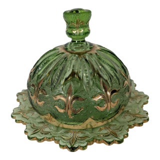 Rare, Eapg Antique Jefferson Glass Green Glass Covered Butter Dish, Iris With Meander Pattern, 1903 For Sale