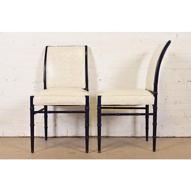 Baker Furniture Style Mid-Century Hollywood Regency Ebonized Faux Bamboo Side Chairs or Dining Chairs, Pair For Sale - Image 9 of 12