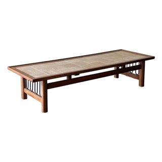 Mid Century Modern Walnut + Travertine & Iron Coffee Table For Sale