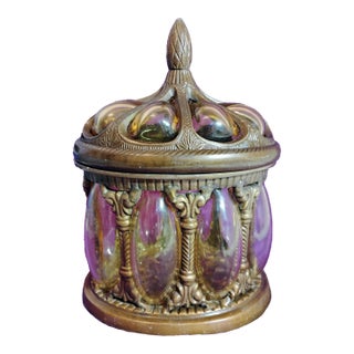 1920s Caged Baroque Bronze Bubble Glass Apothecary Jar in Lemon Hue For Sale