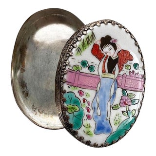 Small Oval Chinoiserie Painted Ceramic and Metal Trinket Box With Mirror Lid For Sale