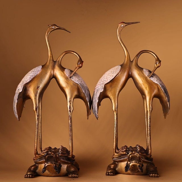 1980s Pair of Gilt & Silvered Bronze Tortoise Crane Longevity Statues For Sale - Image 4 of 10