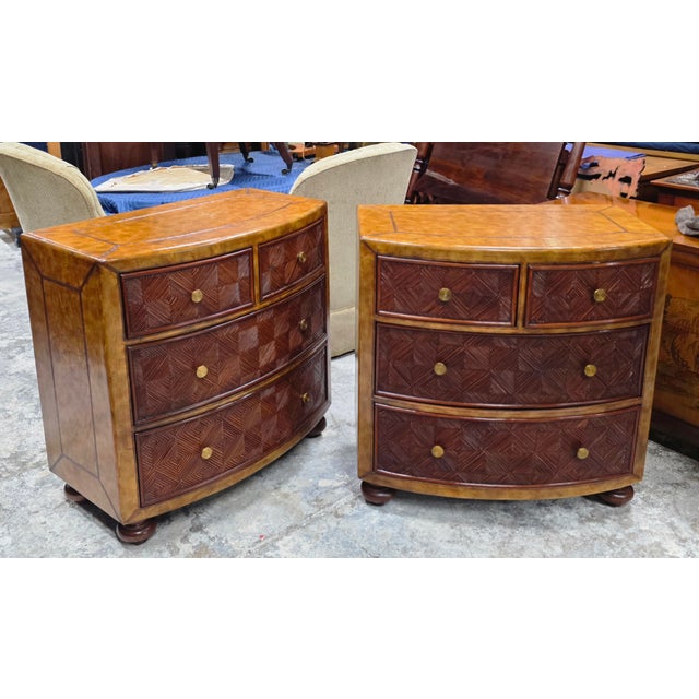 Late 20th Century Pair of Lineage Home Woven Rattan Front and Leather-Clad Bow Front Chest of Drawers For Sale - Image 11 of 18