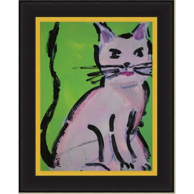 Wood Pink Cat, Contemporary Acrylic Painting Mixed Media For Sale - Image 7 of 9