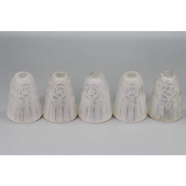 Art Deco French Brass Five-Light Chandelier with White Glass by Degué, 1930s For Sale - Image 13 of 18