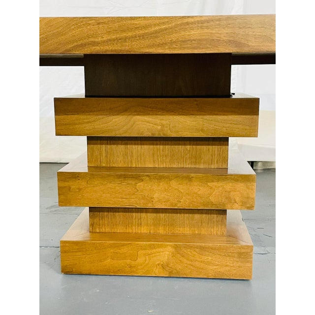 Wood Modern Oak Double Pedestal Base Dining / Conference Table, Geometric Design For Sale - Image 7 of 13