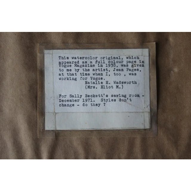 Original fashion watercolor (signed J Pages & dated '38) by the French illustrator, Jean Pages (1903-1976) which appeared...