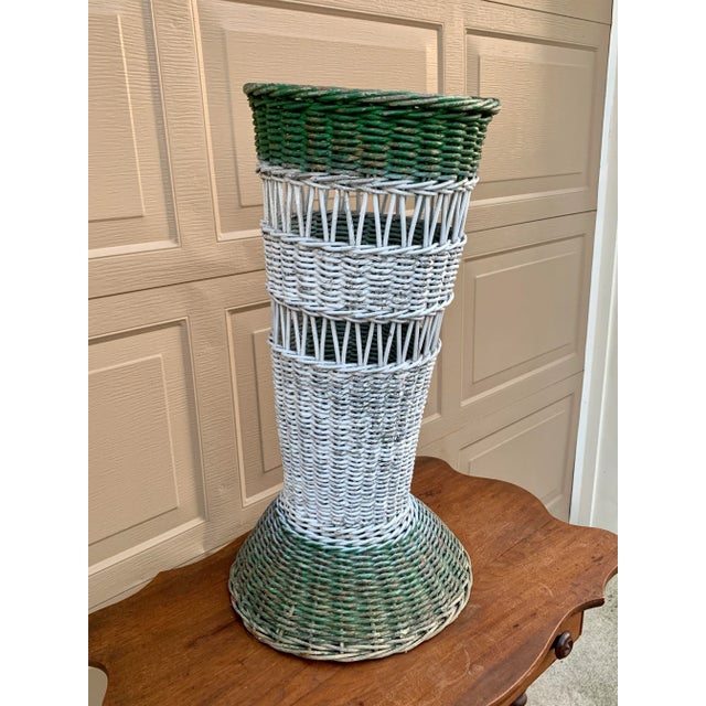 Wood Antique Painted Wicker Umbrella Basket With Green and White Surface For Sale - Image 7 of 12