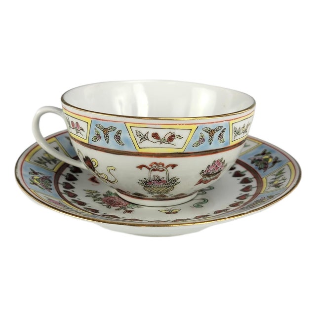 Jingdezhen Guangcai Porcelain Tea Cup and Saucer With Eight Treasures Motif For Sale