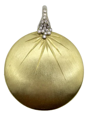 Vintage 18k Gold Florentine Finish Diamond Disc Pendant