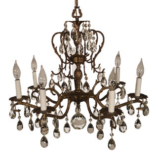 Rare Vintage French Brass 7 Arm 7 Lite Pineapple Cut Lead Crystal Chandelier For Sale