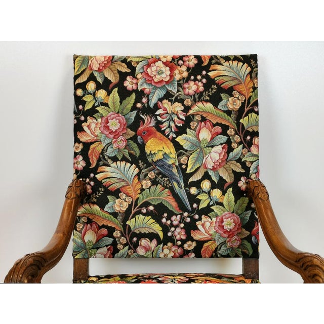Antique Louis XIII and Renaissance Walnut Armchairs with Parrot Upholstery, 1890s, Set of 2 For Sale - Image 3 of 18