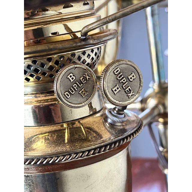 Antique Bradley and Hubbard Brass Double-Arm Student Lamp With Carmel Shades For Sale - Image 9 of 12