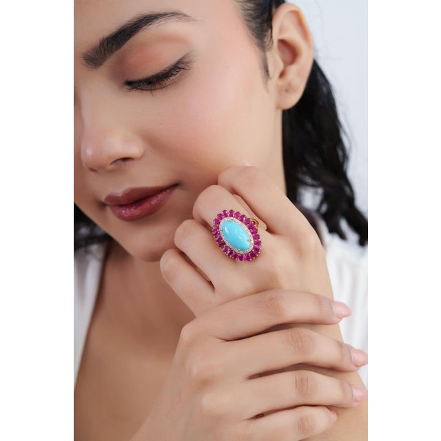 Not Yet Made - Made To Order 14k Yellow Gold 9.1ct Oval Cabochon Turquoise & Diamond Ruby Ring Size 5 For Sale - Image 5 of 18