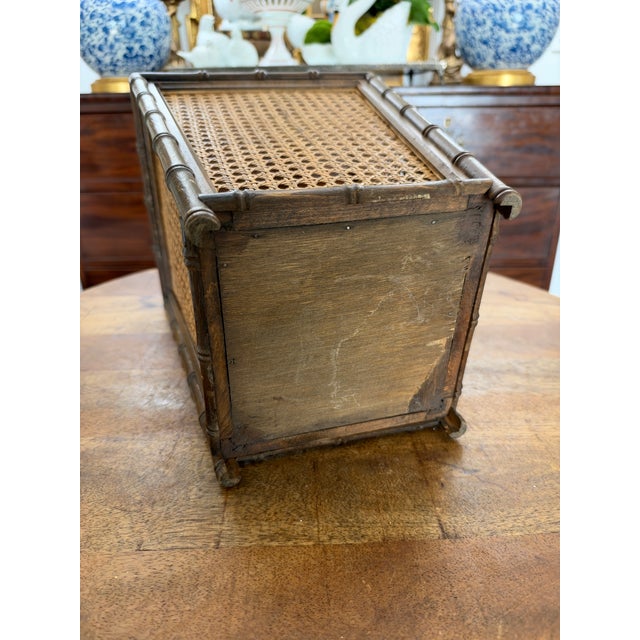 Vintage Wooden Faux Bamboo and Woven Cane Sided Waste Basket in Dark Wood For Sale - Image 4 of 5
