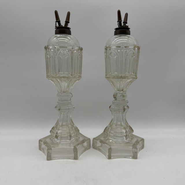 1850s Gothic Arch Pressed-Glass Oil Lamps, Attributed to Boston & Sandwich, - Pair For Sale - Image 18 of 18