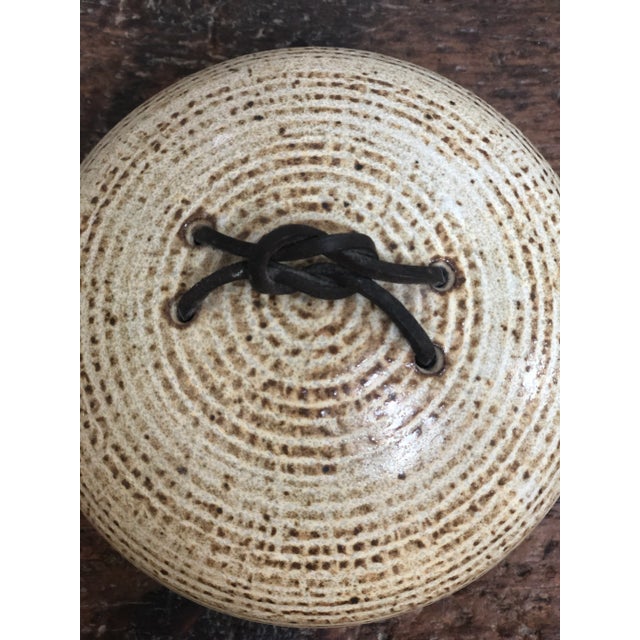 Vintage Stoneware Lidded Jar With Leather Knot For Sale - Image 4 of 10