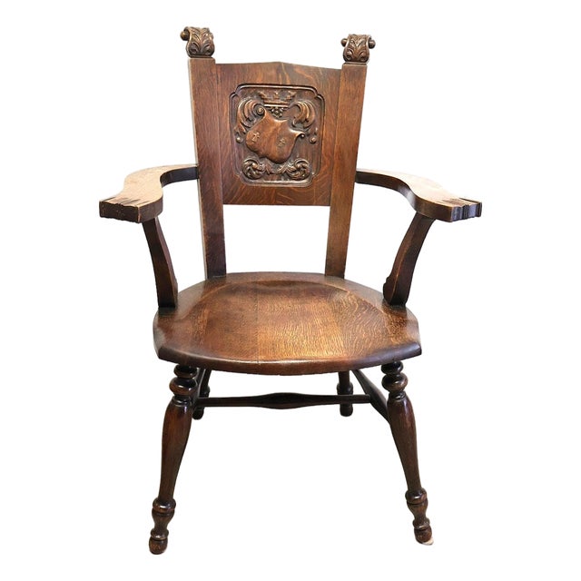 Antique Jacobean Revival Carved Oak Heraldic Armchair, Circa 1900 For Sale