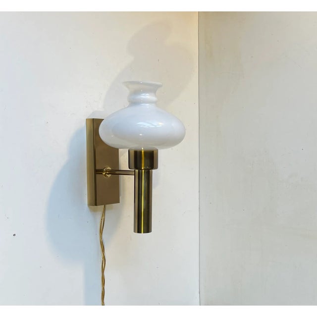 Mid-Century Modern Scandinavian Modern Brass & Opaline Glass Wall Sconce from Vitrika, 1970s For Sale - Image 3 of 7