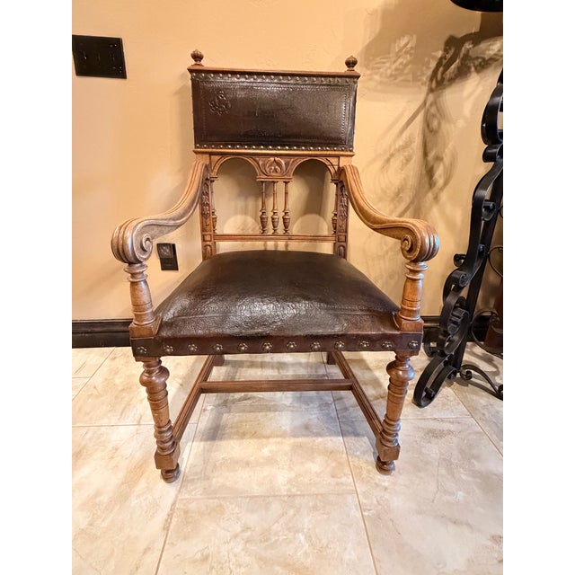 Vintage Renaissance Revival Carved Wood and Embossed Leather Armchairs – A Pair For Sale - Image 9 of 11