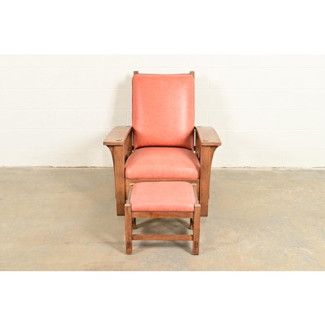 Mission Stickley Mission Oak Arts & Crafts Reclining Morris Lounge Chair With Ottoman For Sale - Image 3 of 13