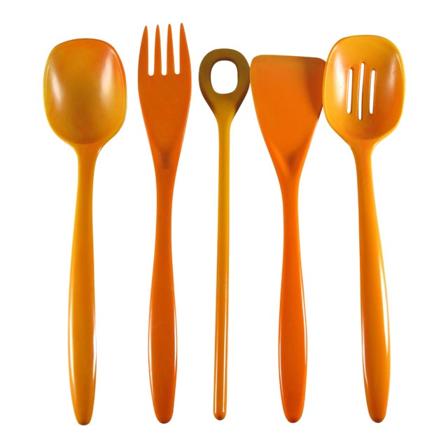 Mid-Century Machi Orange & Yellow Swirl Citrine Melamine Melmac Utensils - Set of 5 For Sale