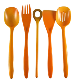 Mid-Century Machi Orange & Yellow Swirl Citrine Melamine Melmac Utensils - Set of 5