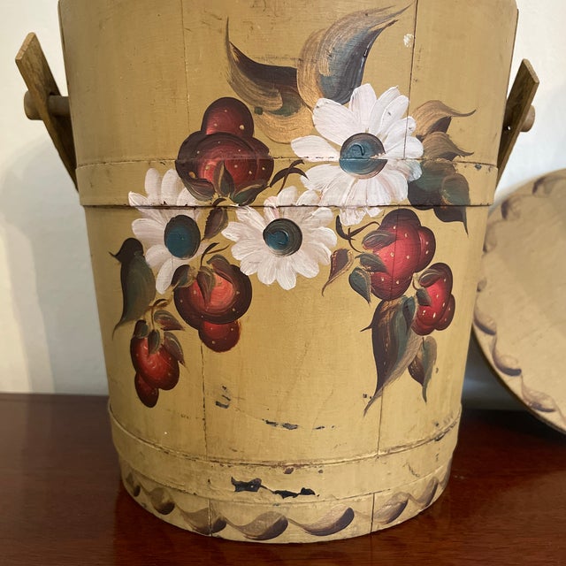 Antique Hand Painted Wooden Bucket With Lid and Handle Chairish