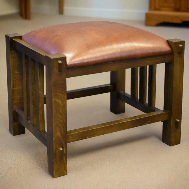 Mission Spindle Stool - Quarter Sawn Oak & Leather Michael's Cherry For Sale - Image 13 of 13