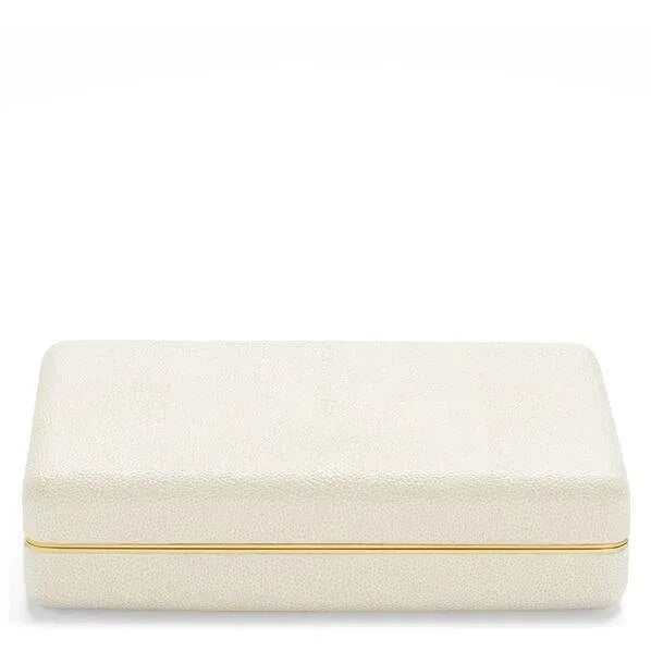 This textured, embossed faux shagreen card case in Cream with brass detailing looks beautiful on a shelf or side table....