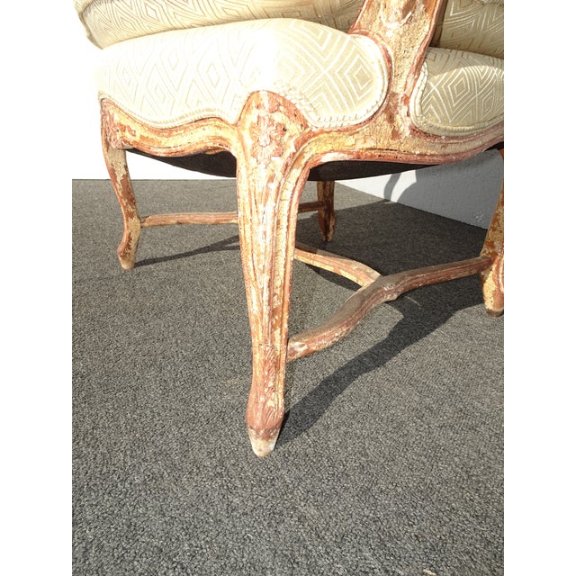 Vintage French Provincial Silk Bergere Chair W Red & Gold Crackle Finish For Sale - Image 9 of 12