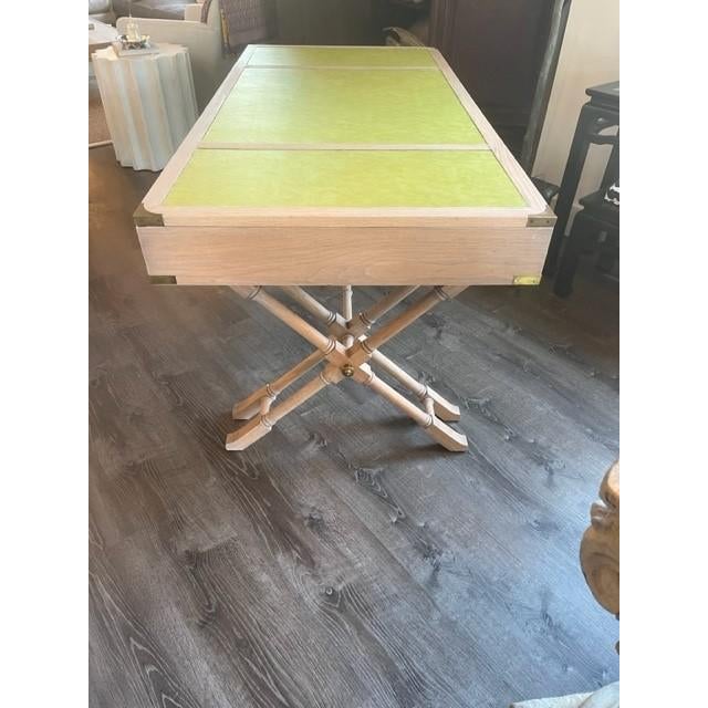 Mid Century Campaign Desk With Faux Leather Top and Brass Hardware For Sale In New York - Image 6 of 7