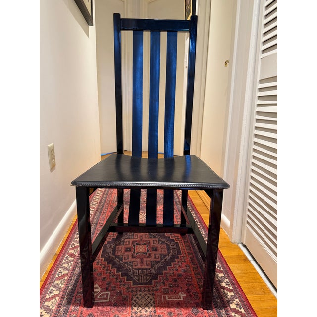 Charles Rennie Mackintosh 1980s Set of 4 Postmodern Black Wood and Leather Strap Dining Chairs For Sale - Image 4 of 12