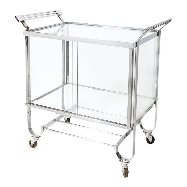 Art Deco Polished Nickel Two-Tier Serving Cart W/ Glass Doors by Treitel & Gratz For Sale