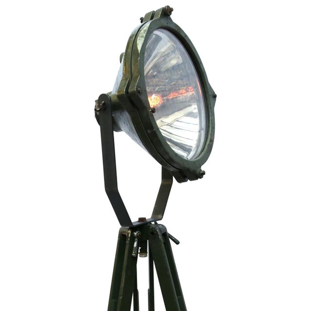 Vintage Industrial Green Wooden Tripod Floor Lamp, in Good conditions. Designed 1950 to 1959 European Plug (up to...