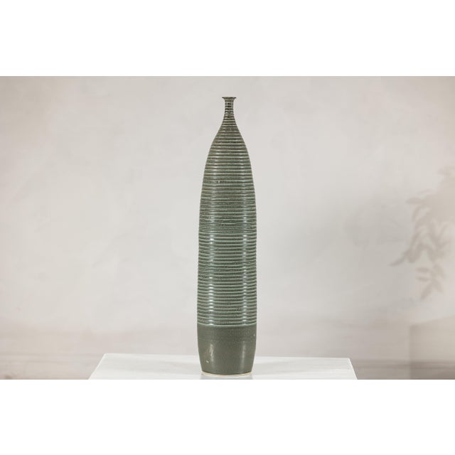 Contemporary Tall Artisan Ceramic Hand-Crafted Vase with Ribbed Body and Green Glaze For Sale - Image 3 of 16