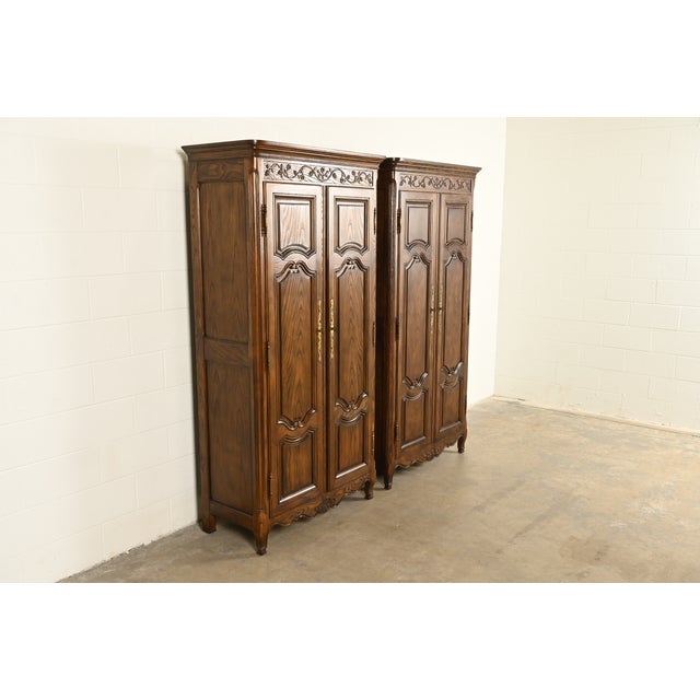 Baker Furniture Company Baker Furniture French Provincial Louis XV Carved Oak Armoire Dressers or Linen Presses, Pair For Sale - Image 4 of 18